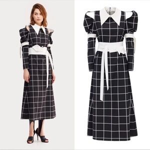 Black Windowpane Long Sleeve Midi Dress with Contrast Collar and Waist Tie
